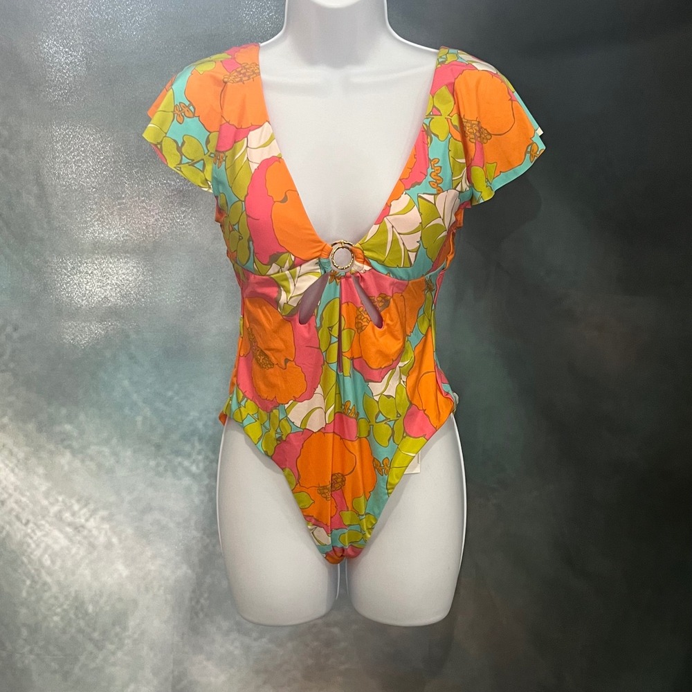 Trina Turk Bright Orange Pink Green Floral One-Piece with Front Ring